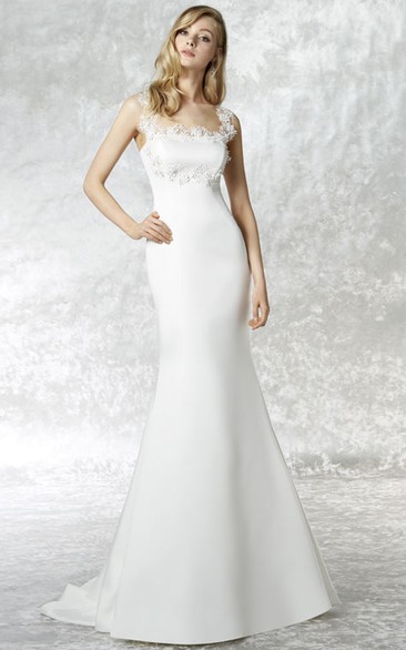Floor-Length Straps Appliqued Satin Wedding Dress With Court Train