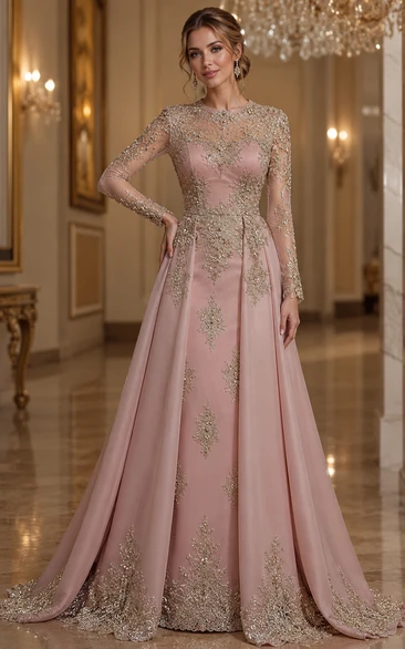 Jewel Illusion Long Sleeve Floor-length Lace Tulle A-Line Dress