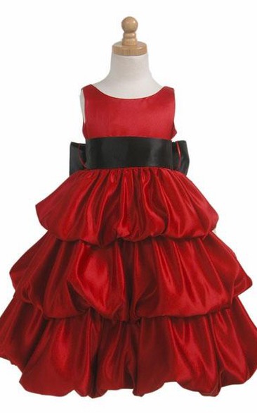 Sleeveless Tiered Satin Flower Girl Dress