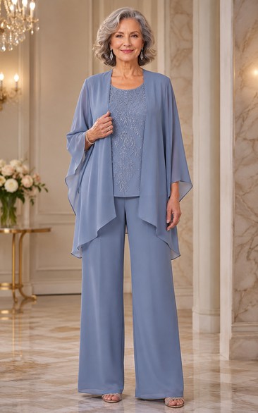 Steel Blue Chiffon Mother of the Bride Pantsuit with Cape Overlay