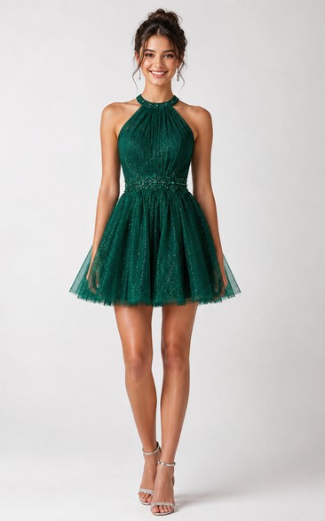 Short A-Line Short Halter Tulle Homecoming Dress with Sequins
