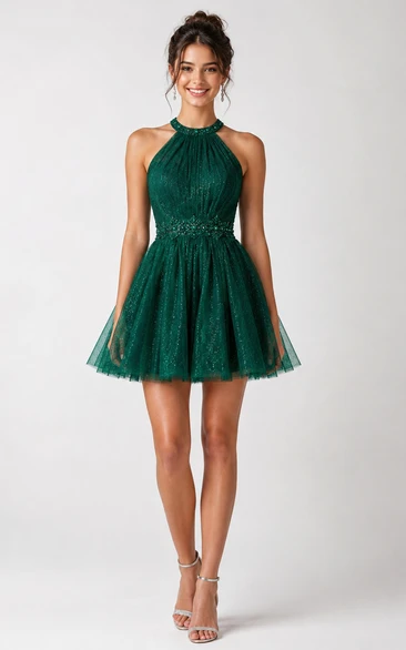 Short A-Line Short Halter Tulle Homecoming Dress with Sequins