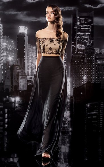 Two-Piece Sheath Off-The-Shoulder Short Sleeve Jersey Illusion Dress With Lace And Draping