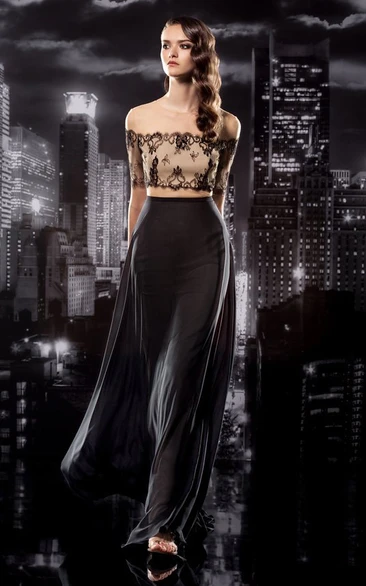 Two-Piece Sheath Off-The-Shoulder Short Sleeve Jersey Illusion Dress With Lace And Draping