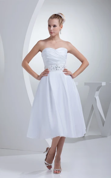 Sweetheart A-Line Tea-Length Jeweled Waist and Dress With Ruching