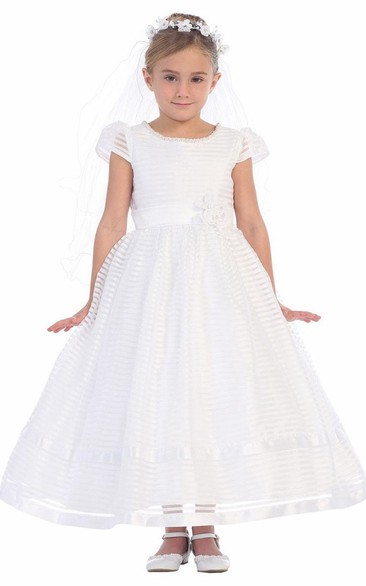 Ankle-Length Floral Floral Appliqued Organza&Satin Flower Girl Dress With Sash