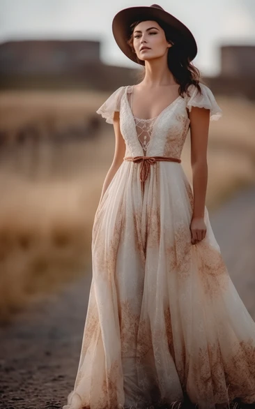 Country Cap V-neck Lace Pleated Empire Western Boho Wedding Dress