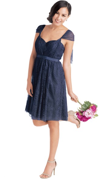 Short Cap Sleeve Sweetheart Ribboned Lace Muti-Color Convertible Bridesmaid Dress With Criss Cross