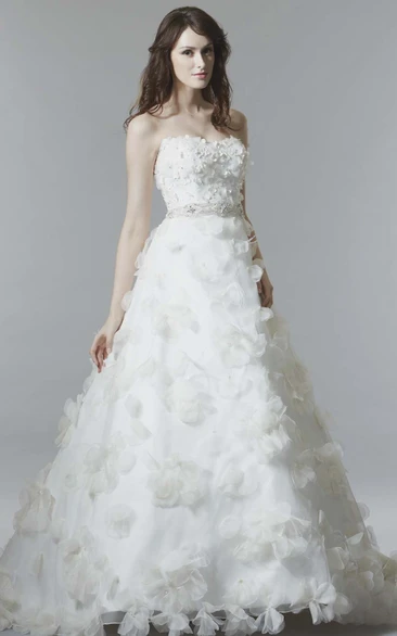A-Line Sleeveless Floral Long Strapless Satin Wedding Dress With Low-V Back And Waist Jewellery