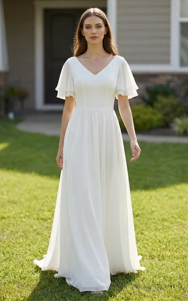 Short Sleeve V-Neck Chiffon Gown with Ruffles