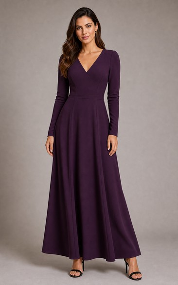 Plum V-Neck Long Sleeve A-Line Midi Dress