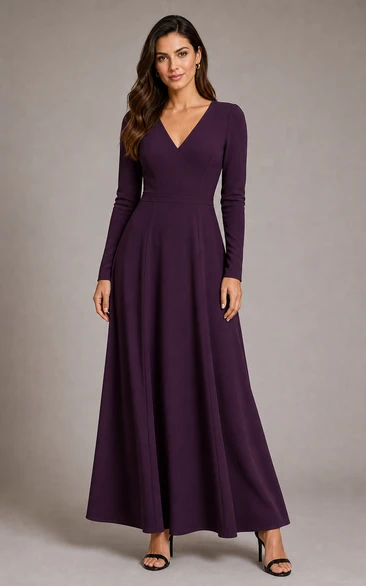 Plum V-Neck Long Sleeve A-Line Midi Dress