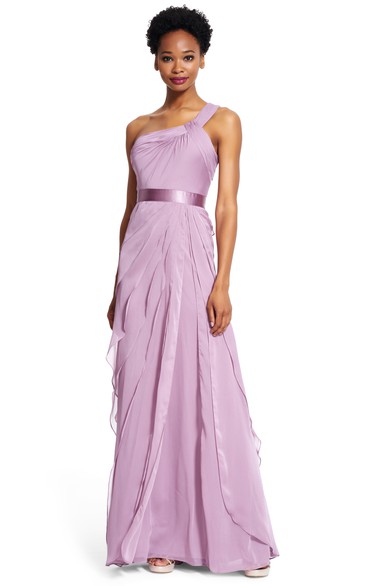 Sheath One-Shoulder Draped Floor-Length Chiffon Bridesmaid Dress With Tiers And Zipper