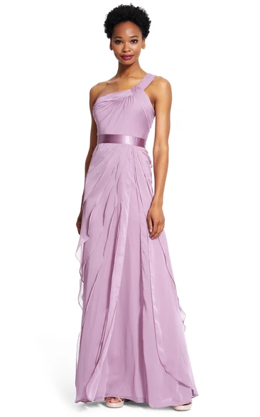 Sheath One-Shoulder Draped Floor-Length Chiffon Bridesmaid Dress With Tiers And Zipper