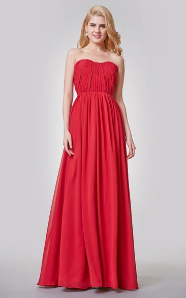 Elegant Ruched Strapless A-line Long Chiffon Dress