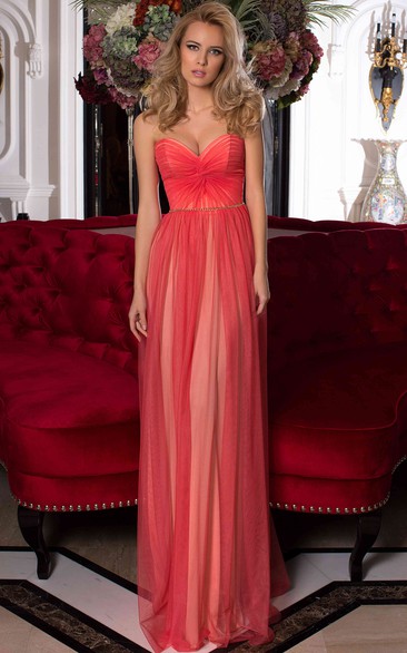 Sheath Long Sleeveless Criss-Cross Sweetheart Tulle Prom Dress With Pleats And Waist Jewellery