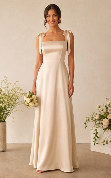 Champagne Square Neck Satin A-Line Bridesmaid Dress