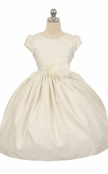 Floral Tea-Length Beaded Floral Flower Girl Dress With Ribbon