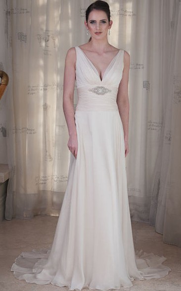 Sheath Sleeveless Ruched V-Neck Floor-Length Wedding Dress With Waist Jewellery