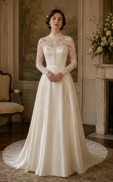 Vintage Satin A-Line Wedding Dress with Lace Yoke