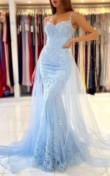 Ethereal Mermaid Spaghetti Floor-length Sleeveless Lace Prom Dress with Removable Skirt