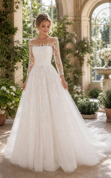 Elegantes Ballkleid mit U-Boot-Ausschnitt, 3/4-Ärmeln, Hofschleppe, Tüll, Applikationen und Illusionseffekten