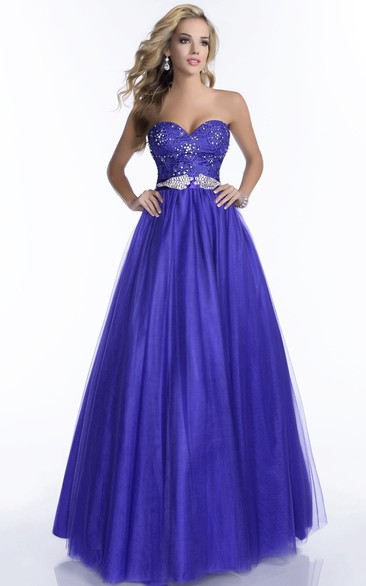 A-Line Tulle Long Prom Dress With Lace Bodice And Beaded Waist