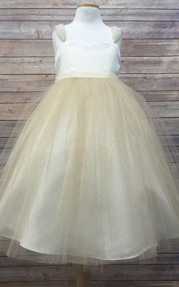 Tea-Length Cap-Sleeve Beaded Tulle&Satin Flower Girl Dress