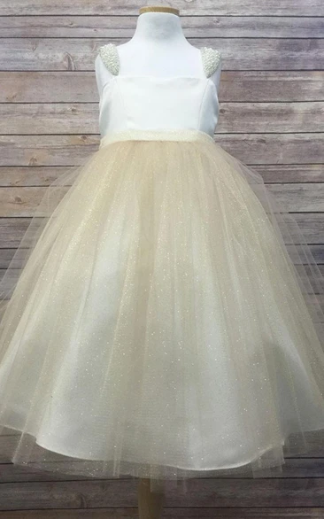 Tea-Length Cap-Sleeve Beaded Tulle&Satin Flower Girl Dress