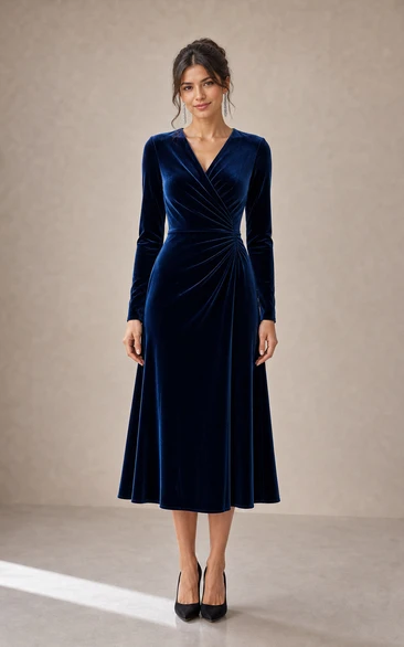 Dark Navy Velvet V-Neck Long Sleeve Midi Sheath Dress