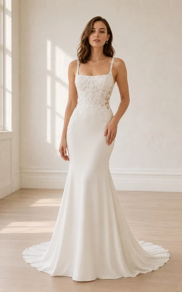 Vestido de novia de satén estilo sirena con escote cuadrado, corpiño de encaje y cola.