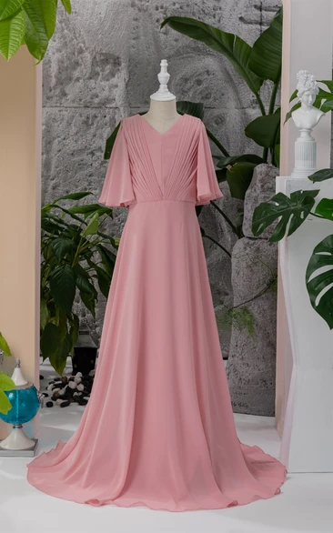 Elegant Chiffon Long Ruched Half-sleeve Flowergirl Dress