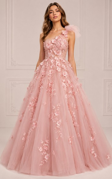 Vestido de fiesta de gala de tul rosa empolvado con apliques florales en 3D
