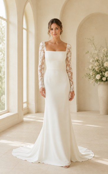 Wedding Sheath Satin Dress with Square Neck and Long Lace Sleeves