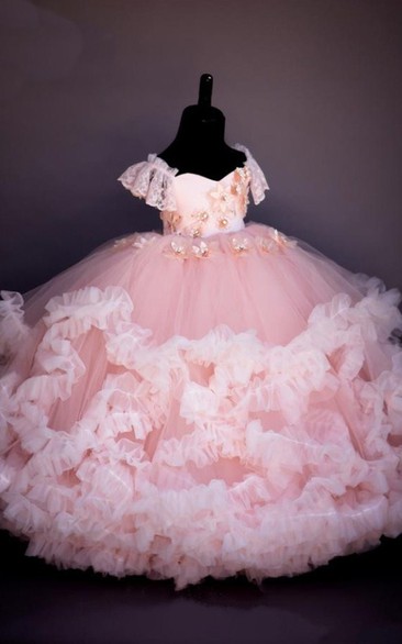 Ball Gown Sweetheart Tier Flower Girl Dress with Applique and Beading