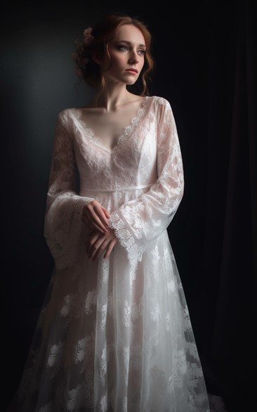 V-neck Lace Puff-long-sleeve A-line Tulle Vintage Wedding Dress