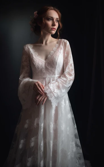 V-neck Lace Puff-long-sleeve A-line Tulle Vintage Wedding Dress