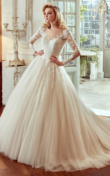 Long-Sleeve V-Neck Wedding Dress With Pleated Skirt And Open Back