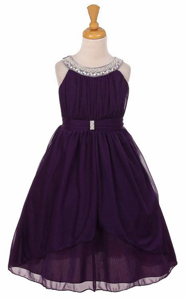 Tea-Length Peplum Tiered Pleated Chiffon&Tulle Flower Girl Dress With Ribbon