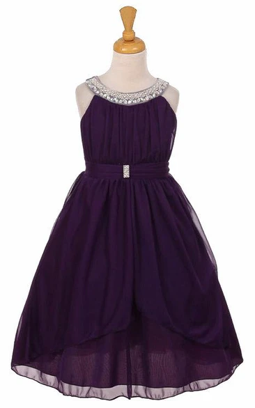 Tea-Length Peplum Tiered Pleated Chiffon&Tulle Flower Girl Dress With Ribbon