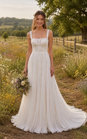 Square Neck A-Line Country Wedding Dress with Lace Bodice and Chiffon Train