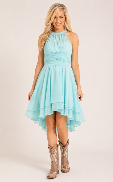Chiffon-Brautjungfernkleid mit Neckholder und asymmetrischem Saum für ländliche Hochzeiten