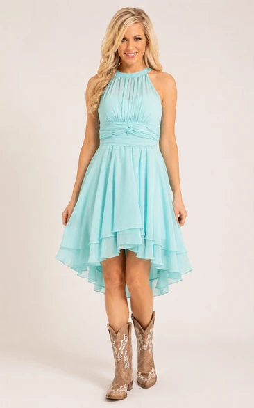 Chiffon-Brautjungfernkleid mit Neckholder und asymmetrischem Saum für ländliche Hochzeiten