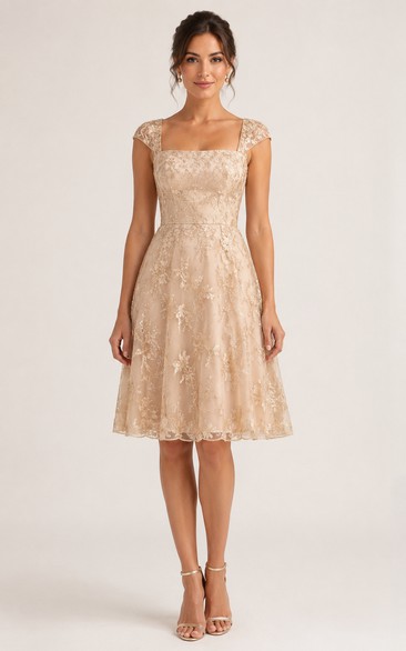 A-Line Knee-Length Square Short Sleeve Lace Wedding Guest Dress with Lace