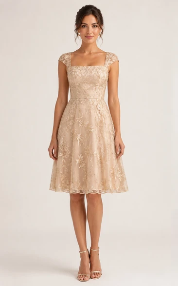 A-Line Knee-Length Square Short Sleeve Lace Wedding Guest Dress with Lace
