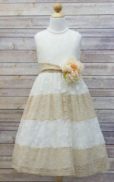 Floral Tea-Length Tiered Lace Flower Girl Dress