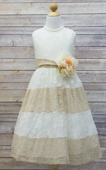Floral Tea-Length Tiered Lace Flower Girl Dress