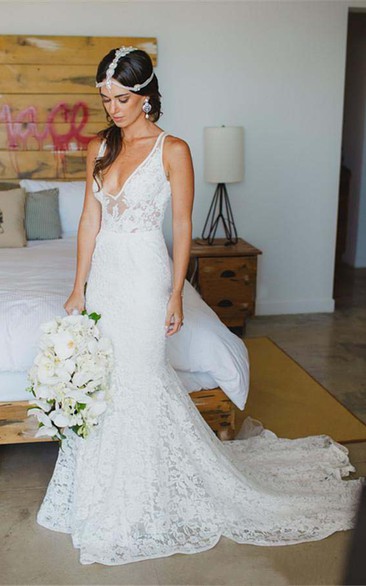 Deep V Neck Appliques Backless Trumpet Beach Lace Mermaid Bohemian Wedding Dress Styles