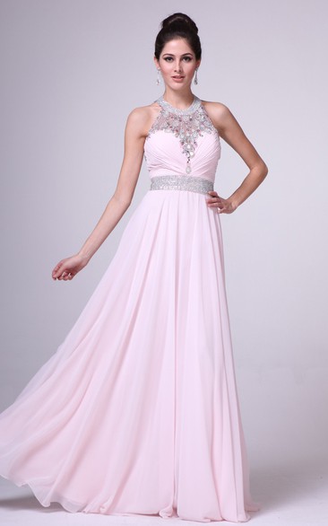 A-Line Jewel-Neck Sleeveless Chiffon Keyhole Dress With Beading And Ruching