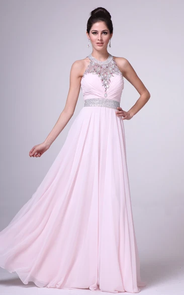 A-Line Jewel-Neck Sleeveless Chiffon Keyhole Dress With Beading And Ruching